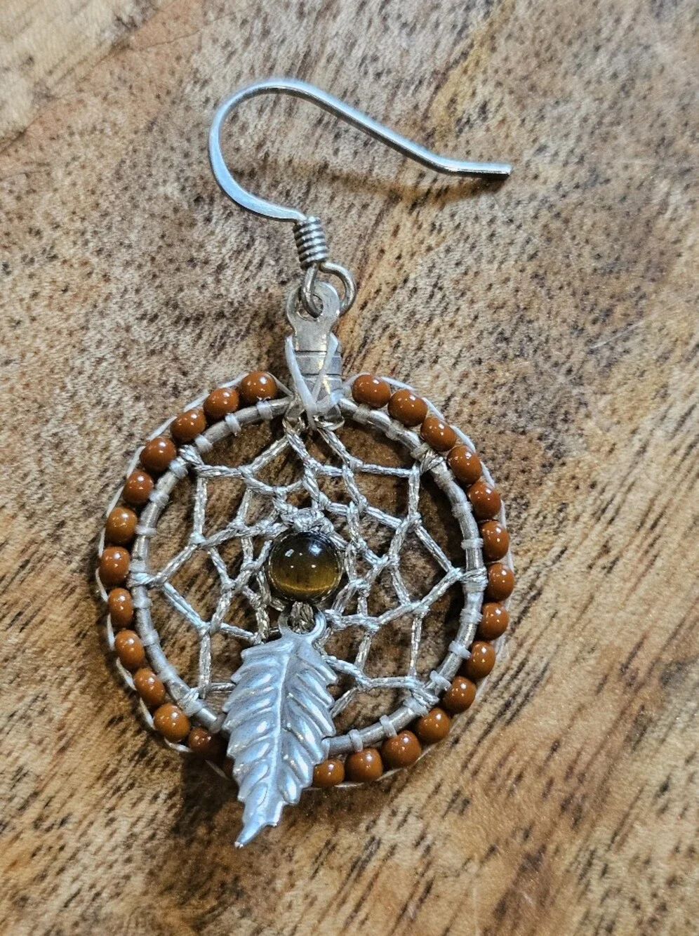 Boho Dreamcatcher Feather Drop Earrings Brown Beads & Silvertone Webbing/Charm